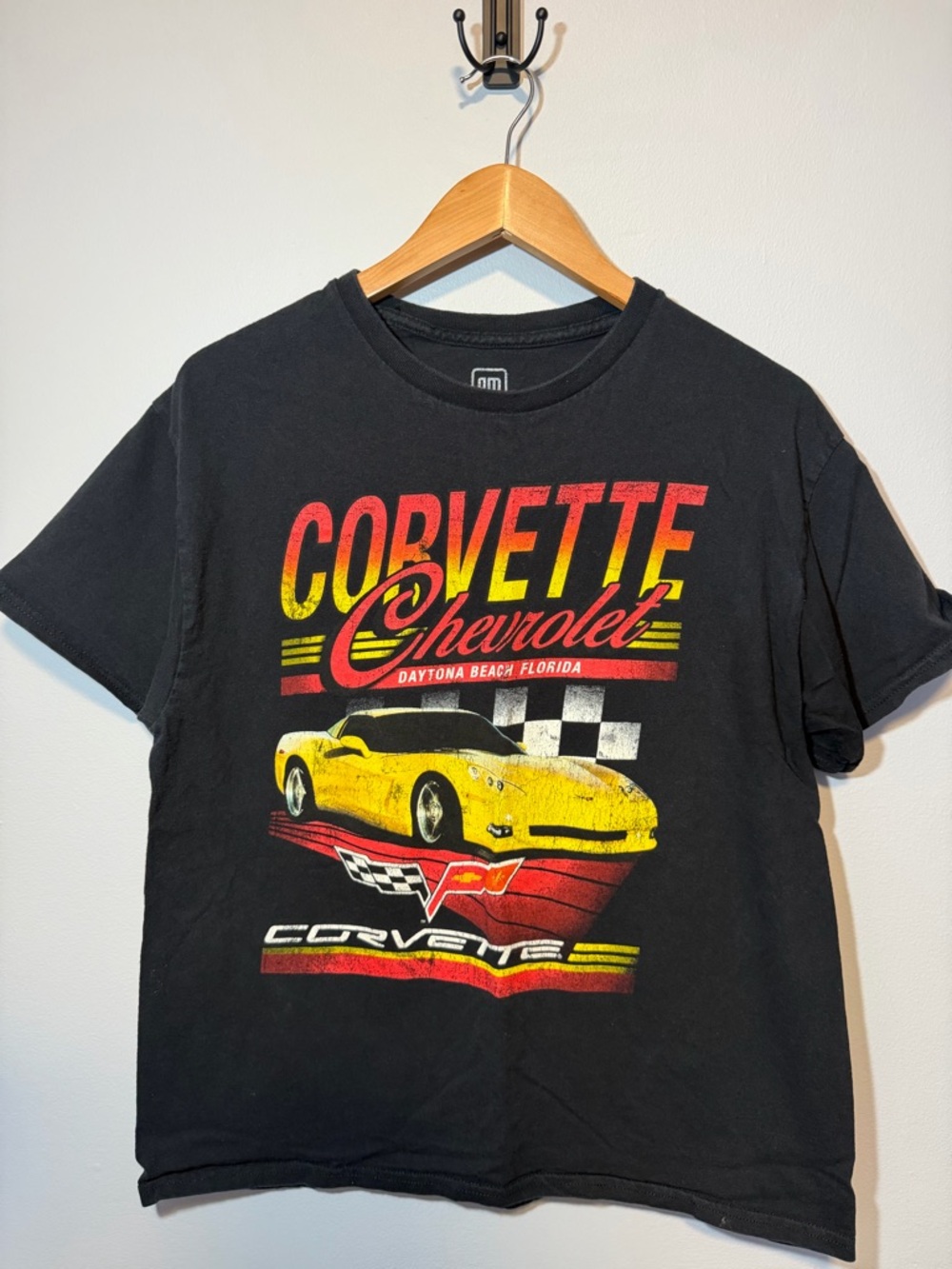 Hybrid Apparel Black Tee with Red and Yellow Corvette Graphic